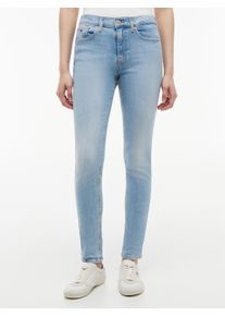 Skinny-fit-Jeans Tommy Jeans "NORA MID RISE SKINNY CJ0218", Damen, Gr. 27, L&auml;nge 28, blau (denim light), Denim/Jeans, Obermaterial: 96% Baumwolle, 3% Polyester, 1% Elasthan, Abriebeffekte, skinny fit lang, Jeans Skinny-fit-Jeans, Baumwollmischung