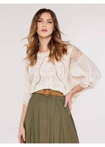 Shirtbluse Apricot "Top aus Baumwollmischung", Damen, Gr. M (38), grau (stein), gewebt, Obermaterial: 64% Baumwolle CO. 36% Viskose CV., uni, Fledermaus&auml;rmel, Blusen Shirtbluse, mit H&auml;kelstickerei