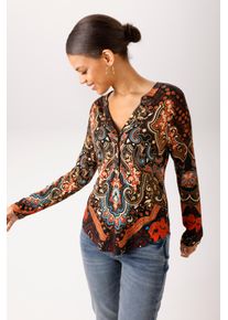 Schlupfbluse Aniston CASUAL, Damen, Gr. 46, bunt (dunkelbraun, beige, rot, t&uuml;rkis, schwarz, zimt, wollwei&szlig;), Jersey, Obermaterial: 95% Viskose, 5% Elasthan, bedruckt, gemustert, figurumspielend Po-bedeckend, V-Ausschnitt, 1-Knopf-Manschette, Blusen Schlupfbluse, mit farbenfrohen, fantasievollem Ornament-Druck - NEUE KOLLEKTION