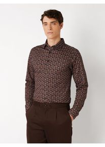 Langarmhemd DESOTO "Jersey Casual Kent", Herren, Gr. M, N-Gr, bunt (navy braun leaves), Jersey, Obermaterial: 100% Baumwolle, slim fit normal, 1-Knopf-Manschette, Hemden Langarmhemd