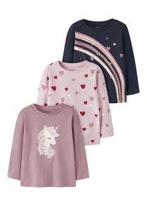 Langarmshirt name it "NMFNIA 3P LS TOP", M&auml;dchen, Gr. 98, navy blazer pack:navy blazer, sweet dreams, lilas, Jersey, Obermaterial: 100% Baumwolle, bedruckt, normal normal, Rundhals, Shirts Langarmshirt, Baumwolle, regular fit