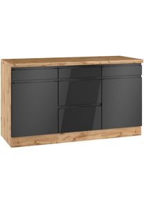 Unterschrank KOCHSTATION "KS-Virginia,neu in verbesserter Ausf&uuml;hrung", schwarz (hochglanz schwarz, wotaneiche), B:150cm H:86cm T:60cm, MDF, Schr&auml;nke, Unterschrank, Breite 150 cm, 2 T&uuml;ren, 3 Schubk&auml;sten, 2 Ausz&uuml;ge