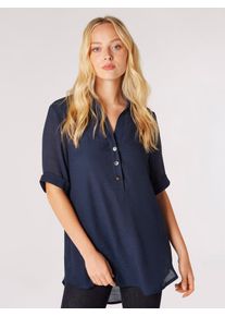 Klassische Bluse Apricot "Top in Shimmeroptik", Damen, Gr. L (40), blau (navy), gewebt, Obermaterial: 65% Viskose CV. 35% Polyester PES., uni, normal, V-Ausschnitt, mit Umschlag, Blusen Klassische Bluse, mit Zierkn&ouml;pfen