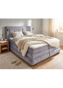 Boxspringbett OTTO HOME "MIVVA", grau (hellgrau), B:204cm L:215cm, Holz teilmassiv, Holzwerkstoff, Spanplatte, Komplettbetten, Boxspringbett, in H3, H4 oder Hmix H3/H4, wahlweise mit oder ohne LED-Leuchten