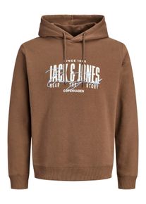 Jack & Jones Kapuzensweatshirt JACK & JONES "JJAERO SWEAT HOOD", Herren, Gr. M, braun (cocoa detail:big print), angeraute Sweatware, Obermaterial: 65% Polyester, 35% Baumwolle, bedruckt, regular fit normal, Rundhals, Rippb&uuml;ndchen, Sweatshirts Kapuzensweatshirt, Materialmix, regular fit