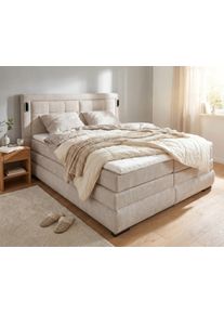 Boxspringbett OTTO HOME "MIVVA", beige, B:204cm L:215cm, Holz teilmassiv, Holzwerkstoff, Spanplatte, Komplettbetten, Boxspringbett, in H3, H4 oder Hmix H3/H4, wahlweise mit oder ohne LED-Leuchten