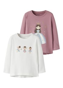 T-Shirt name it "NMFVIX 2P LS TOP", M&auml;dchen, Gr. 98, lilas pack:hellwei&szlig; faries, Jersey, Obermaterial: 95% Baumwolle, 5% Elasthan, bedruckt, regular fit normal, Rundhals, Shirts T-Shirt, Baumwollmischung, Druck