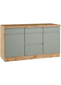 Unterschrank KOCHSTATION "KS-Virginia,neu in verbesserter Ausf&uuml;hrung", gr&uuml;n (matt salbei, wotaneiche), B:150cm H:86cm T:60cm, MDF, Schr&auml;nke, Unterschrank, Breite 150 cm, 2 T&uuml;ren, 3 Schubk&auml;sten, 2 Ausz&uuml;ge