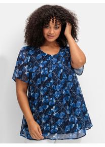 Longbluse sheego, Damen, Gr. 48/50, blau (marine, gemustert), 100% Polyester, gebl&uuml;mt, gemustert, Rundhals, Blusen Longbluse