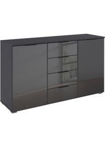 Kombikommode OTTO HOME "Sideboard Kombikommode Schubladenkommode AGORDO mit Glasfront", grau (graumetallic, glas basalt), B:120cm H:81cm T:42cm, Holzwerkstoff, Sideboards, Kombikommode, vier gro&szlig;e Schubladen, mit insgesamt 4 Einlegeb&ouml;den MADE IN GERMANY