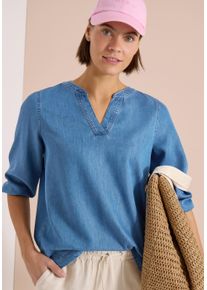 Klassische Bluse Cecil, Damen, Gr. XS (36), blau (mid blau wash), Web, Obermaterial: 76% Lyocell, 24% Baumwolle, unifarben, regular fit normal, Rundhals, elastischer Bund, Blusen Klassische Bluse, mit elastischem B&uuml;ndchen