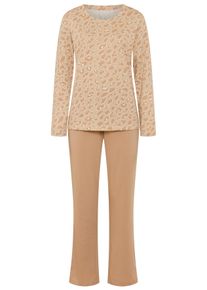 Pyjama, Damen, Gr. 48/50, beige (leo bedruckt), Single Jersey, Obermaterial: 100% Baumwolle, VIVANCE DREAMS BY LASCANA, bedruckt, Basic, loose fit lang, Rundhals, eingesetzt, Homewear-Sets Pyjama, mit naturfarbenen Prints
