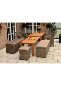 Garten-Essgruppe Merxx "Toskana", beige (natur, natur, natur), Polyester, Aluminium, Kunststoff, Massivholz, Polyester, Sitzm&ouml;bel-Sets, Garten-Essgruppe, 4 Sessel, 2x 3er Sitzbank, 2x Hocker, inkl. Sitzkissen, Ausziehtisch