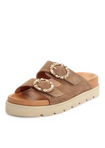 Pantolette Tamaris, Damen, Gr. 38, taupe, Veloursleder, Schuhe Pantolette, Sommerschuh mit schmuckbesetzten, verstellbaren Schnallen