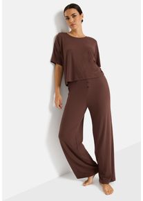 Pyjama LSCN BY LASCANA, Damen, Gr. 32/34, braun, Rippware, Obermaterial: 63% Polyester, 33% Viskose, 4% Elasthan, loose fit h&uuml;ftlang, Rundhals, weit abgesteppt, Homewear-Sets Pyjama, mit kleiner Zierknopfleiste an der Hose