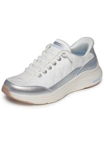 Slip-On Sneaker Skechers "Contour Foam - Metallic Dream", Damen, Gr. 41, silber (wei&szlig;, silberfarben), Lederimitat, Textil, gesteppt, metallic, Schuhe Slip-On Sneaker, Schlupfschuh, Halbschuh, Freizeitsneaker mit Metallic-Besatz