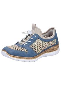 Slip-On Sneaker Rieker, Damen, Gr. 40, blau (blau, creme), Lederimitat, Textil, Schuhe Slip-On Sneaker, Slipper, Freizeitsneaker, Halbschuh mit Schnellverschluss