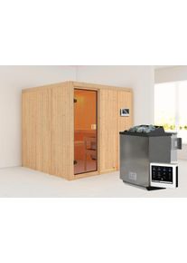 Sauna Karibu "Oulu", beige (naturbelassen), Bio-Ofen, externe Steuerung, (ohne Ofen), Saunen, Sauna, Ofen 9 kW Bio externe Strg easy