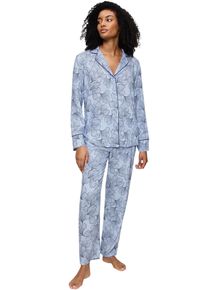 Pyjama Triumph "Boyfriend Fit PW 03", Damen, Gr. 44, blau (combina blau), Single Jersey, Obermaterial: 100% Viskose, bequem lang, V-Ausschnitt, Homewear-Sets Pyjama, bequem und stilvoll