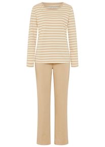 Pyjama, Damen, Gr. 36/38, nougat gestreift, Single Jersey, Obermaterial: 100% Baumwolle, VIVANCE DREAMS BY LASCANA, bedruckt, Basic, loose fit lang, Rundhals, eingesetzt, Homewear-Sets Pyjama, mit naturfarbenen Prints