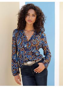 Klassische Bluse Heine, Damen, Gr. 50, braun (cognac, aqua, bedruckt), 95% Viskose, 5% Elasthan, Paisley, bedruckt, gemustert, mehrfarbig, Rundhals, Blusen Klassische Bluse