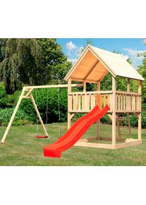 Spielturm Konifera "Lenie", beige (natur, rot), Spielt&uuml;rme, KinderB:440cm H:345cm T:264cm, Holzwerkstoff, Spielturm, BxTxH: 440x264x345 cm, B:440cm H:345cm T:264cm