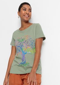 T-Shirt bonprix "Bedrucktes T-Shirt aus Baumwolle", Damen, Gr. 44/46 (L), gr&uuml;n (seegras bedruckt), Obermaterial: 100% Baumwolle, loose fit, Shirts T-Shirt, Loose Fit, Kurzarm-Design, aus Baumwolle, mit farbenfrohem Print