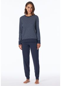 Schlafanzug uncover by Schiesser "Uncover Nightwear", Damen, Gr. 42, blau (803, blau), Single Jersey, Obermaterial: 100% Baumwolle, bequem lang, Rundhals, angesetztes B&uuml;ndchen, Homewear-Sets Schlafanzug, Rundhalsausschnitt, Pure Cotton, Streifen, Single Jersey, Langarm