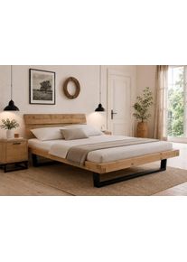Massivholzbett OTTO HOME "Ultima Balkenbett Doppelbett, F&uuml;&szlig;e Metallkufe", braun (fichte), B:218cm H:88cm L:228cm, Betten, Massivholzbett, FSC-zertifizierte Wildeiche oder Fichte, viele Breiten zur Auswahl