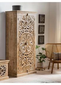 Garderobenschrank Sit "Pollen&ccedil;a aus Mangoholz mit 2 T&uuml;ren und Schnitzereien", beige (natur), B:90cm H:185cm T:45cm, Massivholz, Schr&auml;nke, Garderobenschrank, Aufw&auml;ndige orientalische Schnitzereien mit 3 Einlegeb&ouml;den