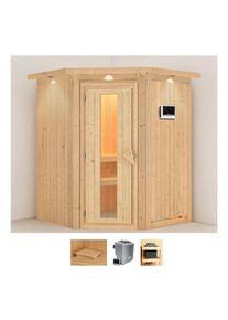 Sauna Karibu "Larin", beige (naturbelassen), Bio-Kombiofen, externe Steuerung, 9 kW, Saunen, Sauna, Ofen 9 kW Bio externe Strg easy