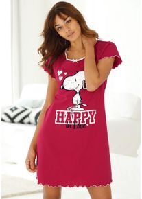 Nachthemd PEANUTS, Damen, Gr. 32/34, N-Gr, rot, Single Jersey, Obermaterial: 100% Baumwolle, Basic, bequem kurz, Rundhals, eingesetzt Babylock kontrastfarben, Kleider Nachthemd, mit Snoopy Print und Kr&auml;usels&auml;umen