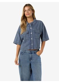 Jeansbluse Noisy may "NMENZA S/S REG CROP SHIRT MG004MB NOOS", Damen, Gr. L, medium blau denim, Denim/Jeans, Obermaterial: 100% Baumwolle, unifarben, oversize normal, Blusen Jeansbluse