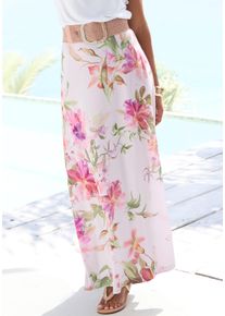 Maxirock Lascana "mit Blumendruck aus glatter, b&uuml;gelfreier Ware", Damen, Gr. 38, bunt (rosa bedruckt), Jersey, Obermaterial: 95% Polyester, 5% Elasthan, bedruckt, figurumspielend kn&ouml;chellang, R&ouml;cke Maxirock, langer Jerseyrock mit Blumenmuster, eleganter Sommerrock, A-Linie