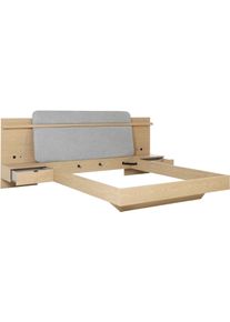 Einzelbett GAMI "IZADI", eiche rookwood nachbildung, eiche rookwood nachbildung, eiche rookwood nachbildung, B:271cm H:113cm L:224cm, Betten, Einzelbett, Bett mit Stoff-Kopfteil und 2 Nachttischen