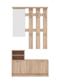 Garderoben-Set Home Affaire "Ravenna Flurgarderobe, Dielenschrank, Kompaktgarderobe, Breite 100 cm", braun (sonoma eiche), B:100cm H:191,5cm T:29cm, Glas, Holzwerkstoff, Kunststoff, Metall, Kastenm&ouml;bel-Sets, Garderoben-Set, inkl. Schuhschrank und Garderobenpaneel, mit Klappt&uuml;r, Spiegel, Haken