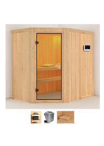 Sauna Karibu "Clara", beige (naturbelassen), Bio-Kombiofen, externe Steuerung, 9 kW, Saunen, Sauna, Ofen 9 kW Bio externe Strg easy