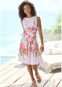 Sommerkleid Lascana "aus glatter b&uuml;gelfreier Ware mit Blumendruck", Damen, Gr. 44, N-Gr, ros&eacute; bedruckt, Stoff, Obermaterial: 95% Polyester, 5% Elasthan, bedruckt, gebl&uuml;mt, festlich, figurumspielend kniefrei, Rundhals, Kleider Sommerkleid, Cocktailkleid, Sommerkleid mit Spitzeneinsatz, Jerseykleid, festlich, Topseller