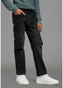 Loose-fit-Jeans Bruno Banani "Cargojeans in lockerer Form", Jungen, Gr. 182, N-Gr, schwarz denim, Denim/Jeans, Obermaterial: 51% Baumwolle, 45% Polyester, 2% Elasthan, 2% Viskose, unifarben, bequem lang, Jeans Loose-fit-Jeans, mit Carog-Taschen, gerades Bein, normale Leibh&ouml;he
