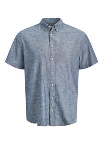 Jack & Jones PlusSize Kurzarmhemd "JPRBLUSUMMER LINEN BLEND SHIELD SS PLS", Herren, Gr. 6XL, N-Gr, faded denim, Web, Obermaterial: 70% Baumwolle, 30% Leinen, JACK & JONES PLUSSIZE, unifarben, regular fit normal, angesetztes B&uuml;ndchen, Hemden Kurzarmhemd, mit Stickerei