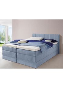 Boxspringbett Hapo, blau (hellblau), Liegefl&auml;che B/L: 160cm x 200cm, kein H&auml;rtegrad, Bonnell-Federkernmatratze, Kopfteil, seitliche Unterbox und Obermatratze sind mit pflegeleichtem Feinstrukturstoff in Leinenoptik (100% Polyester) bezogen;Die Oberseite der Unterfederung und die Ober- und Unterseite der Obermatratze sind jeweils mit einem rutschhemmenden Stoff aus 100% Polyester bespannt., Komplet