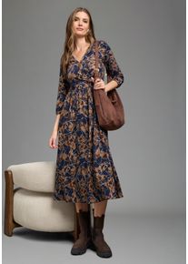 Midikleid Laura Scott, Damen, Gr. 44, N-Gr, braun (navy, camel, gemustert), Jersey, Obermaterial: 95% Viskose, 5% Elasthan, gemustert, figurumspielend wadenlang, V-Ausschnitt, Kleider Midikleid, mit Wadenl&auml;nge, aus elastischer Viskosemischung in Jersey-Qualit&auml;t