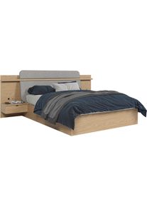 Stauraumbett GAMI "IZADI", braun (eiche rookwood nachbildung, eiche rookwood nachbildung, eiche rookwood nachbildung), B:271cm H:113cm L:224cm, Betten, Stauraumbett, Bett mit Stoff-Kopfteil und 2 Nachttischen