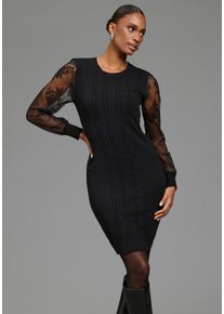 Strickkleid Laura Scott "mit femininen Spitzen&auml;rmeln und dezentem Zopfstrickmuster", Damen, Gr. 42, N-Gr, schwarz, Strick, Obermaterial: 50% Viskose, 28% Polyester, 22% Polyamid, unifarben, figurbetont mini, Rundhals, weit B&uuml;ndchen, Kleider Strickkleid, mit figurbetonter Passform