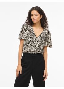 Hemdbluse Vila "VIGRACE V-NECK S/S SHIRT - NOOS", Damen, Gr. 38, beige (sandshell aop:dot schwarz beauty), Obermaterial: 100% Viskose, bedruckt, regular fit normal, Blusen Hemdbluse