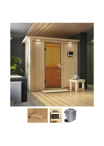Sauna Karibu "Vada", beige (naturbelassen), Bio-Kombiofen, externe Steuerung, 9 kW, Saunen, Sauna, Ofen 9 kW Bio externe Strg easy