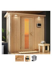 Sauna Karibu "Vada", beige (naturbelassen), Bio-Kombiofen, externe Steuerung, 9 kW, Saunen, Sauna, Ofen 9 kW Bio externe Strg easy