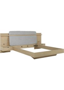 Einzelbett GAMI "IZADI", eiche rookwood nachbildung, eiche rookwood nachbildung, eiche rookwood nachbildung, B:251cm H:113cm L:224cm, Betten, Einzelbett, Bett mit Stoff-Kopfteil und 2 Nachttischen
