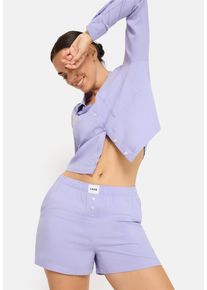 Shorty LSCN BY LASCANA, Damen, Gr. 50, blau, Web, Obermaterial: 100% Viskose, gestreift, unifarben, loose fit taillenbedeckt, eingesetzt 2-Knopf-Manschette, Homewear-Sets Shorty, mit Zierknopfleiste