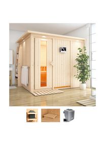 Sauna Karibu "Gitte", beige (naturbelassen), Bio-Kombiofen, externe Steuerung, 9 kW, Saunen, Sauna, Ofen 9 kW Bio externe Strg easy